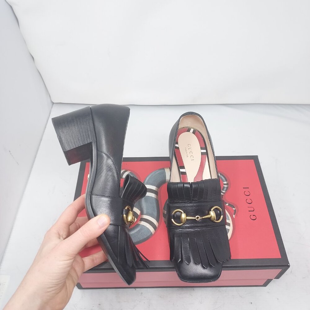 GUCCI Malaga Marmont Black Kid Polly Kiltie Fringe Loafer Horsebit Pump